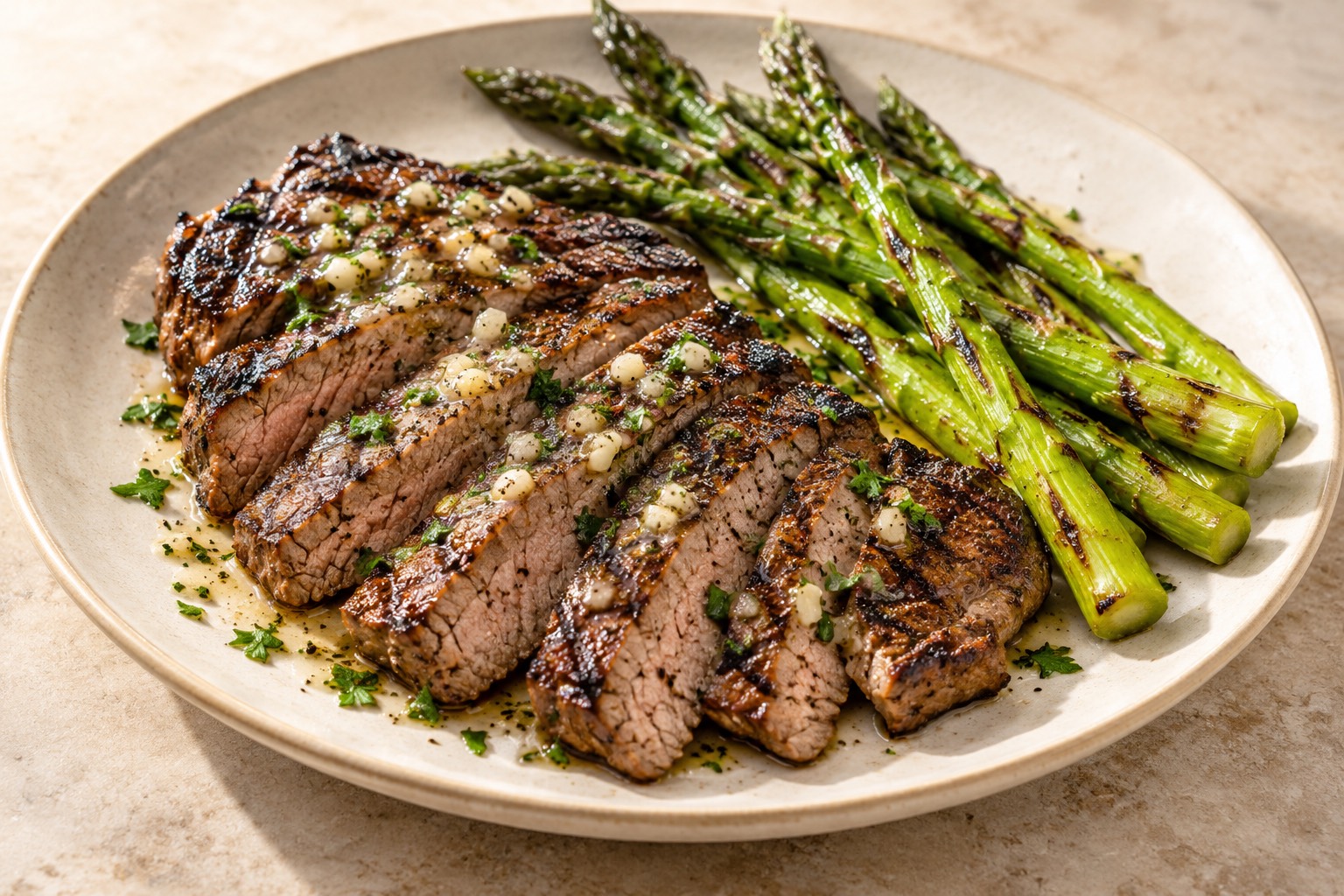 Serving suggestion for Grilled Garlic Sirloin with Asparagus