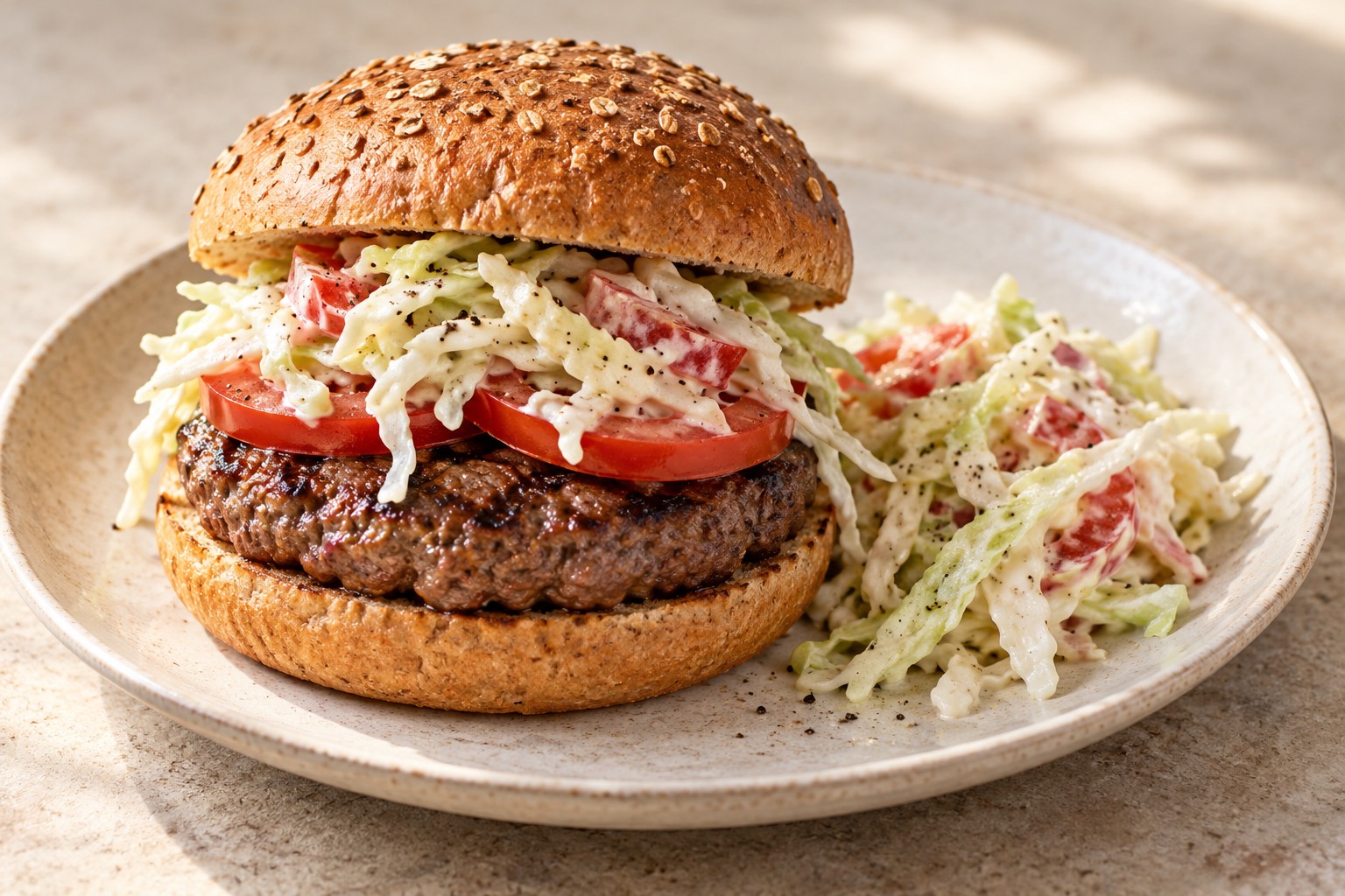 Serving suggestion for Grilled Beef Burgers with Tomato Yogurt Slaw