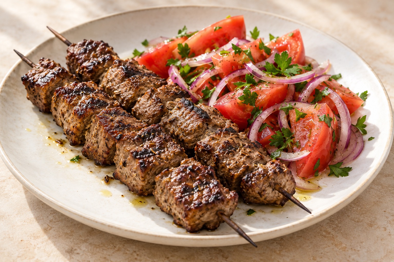 Serving suggestion for Grilled Cumin Beef Skewers with Tomato Salad