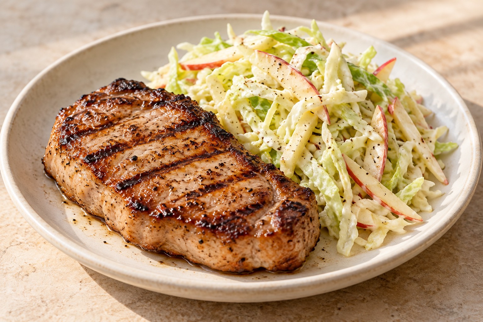 Serving suggestion for Grilled Pork Chops with Apple Cabbage Slaw