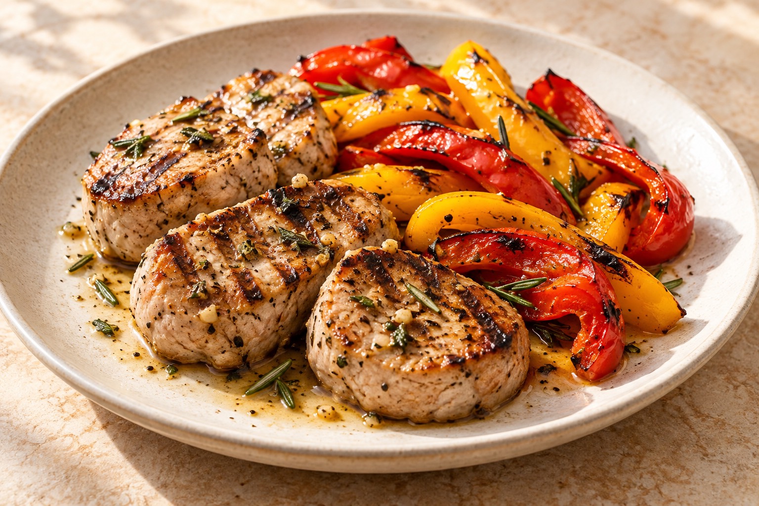 Serving suggestion for Grilled Rosemary Pork Tenderloin with Peppers