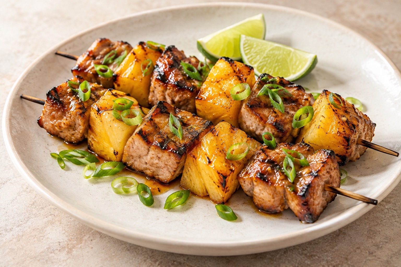 Serving suggestion for Grilled Ginger Soy Pork Skewers with Pineapple