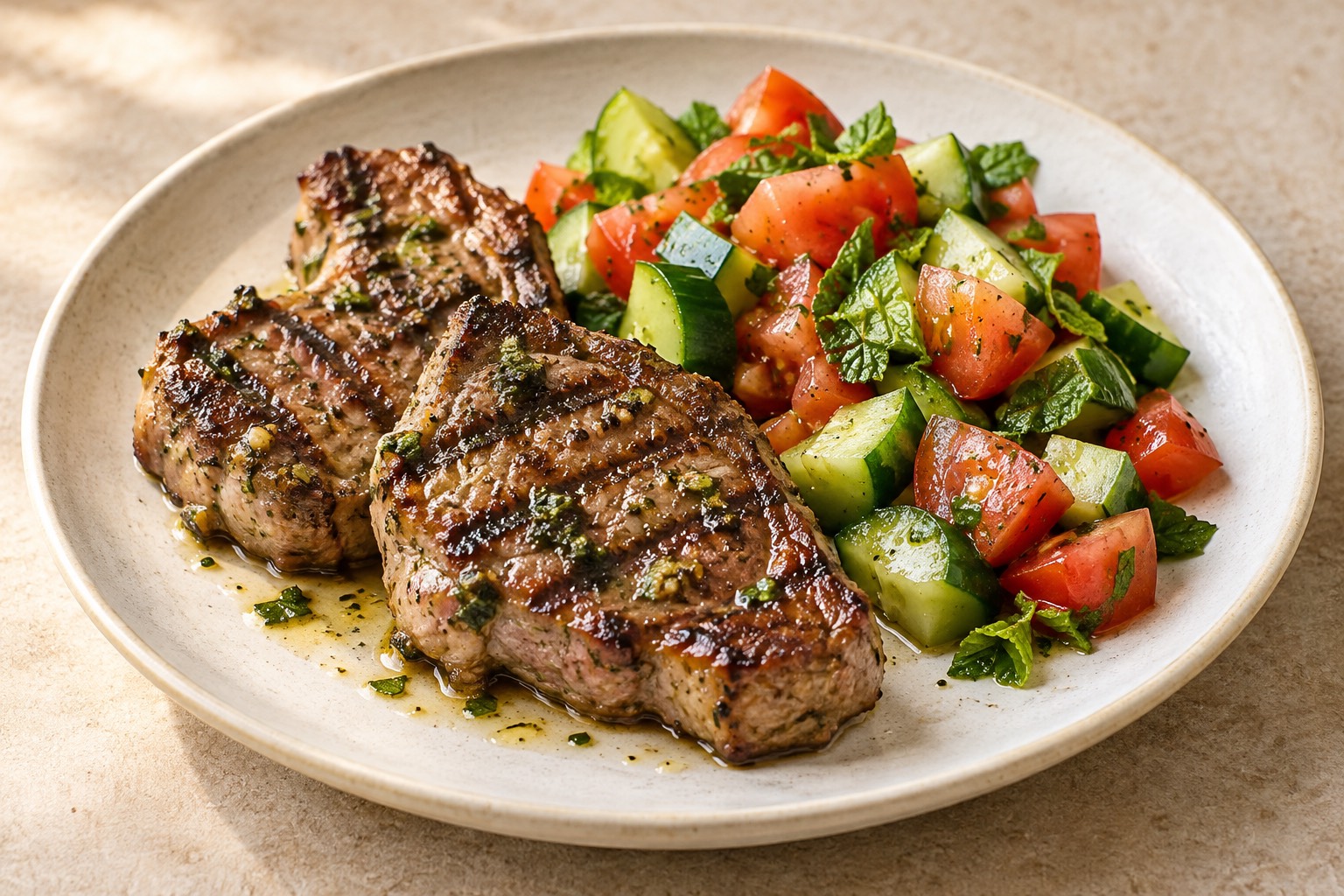 Serving suggestion for Grilled Mint Lamb Chops with Tomato Cucumber Salad