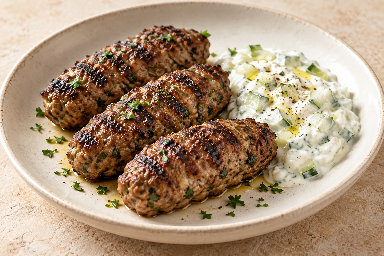 Serving suggestion for Grilled Lamb Kofta with Cucumber Yogurt