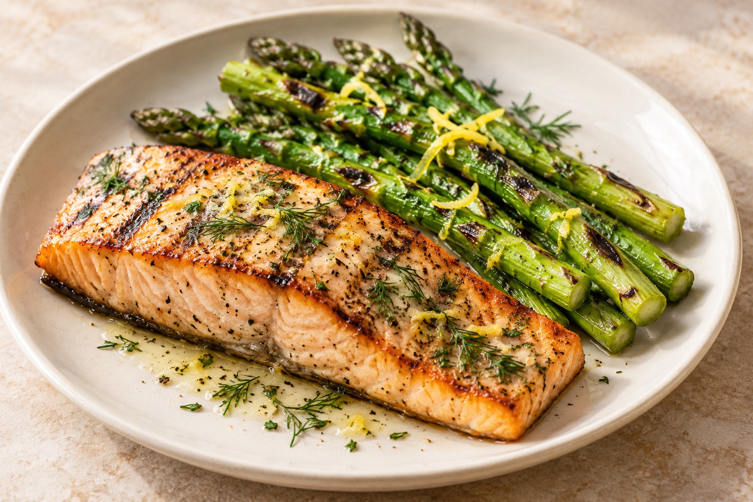 Serving suggestion for Grilled Dill Salmon with Lemon Asparagus