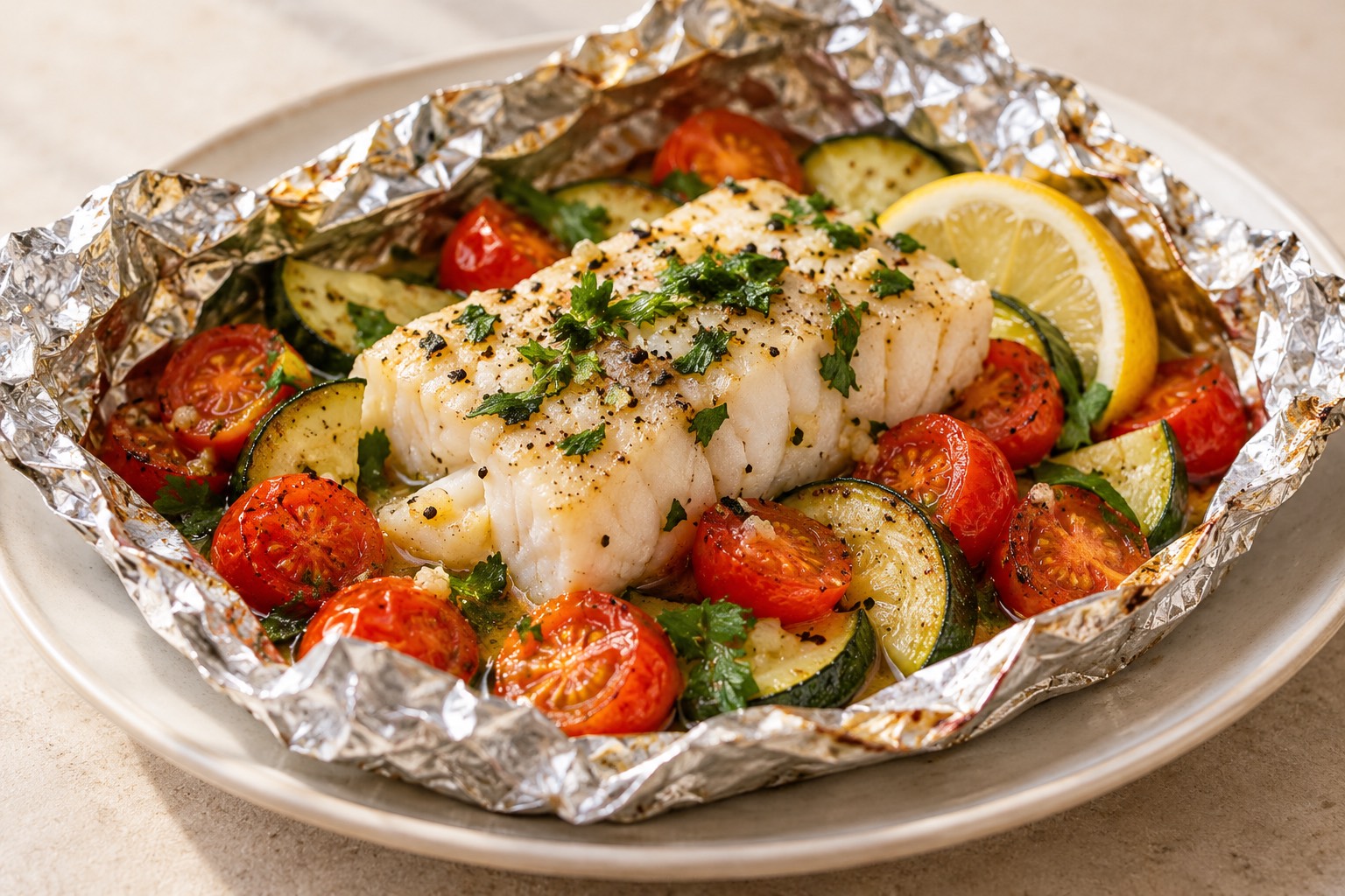 Serving suggestion for Grilled Cod Foil Packets with Tomatoes
