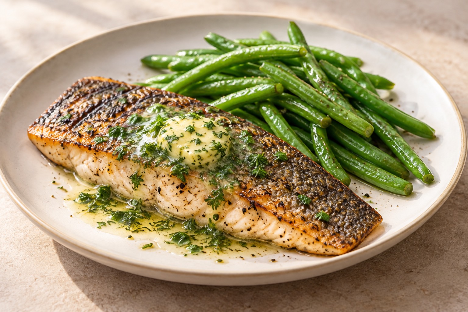 Serving suggestion for Grilled Trout with Herb Butter and Green Beans