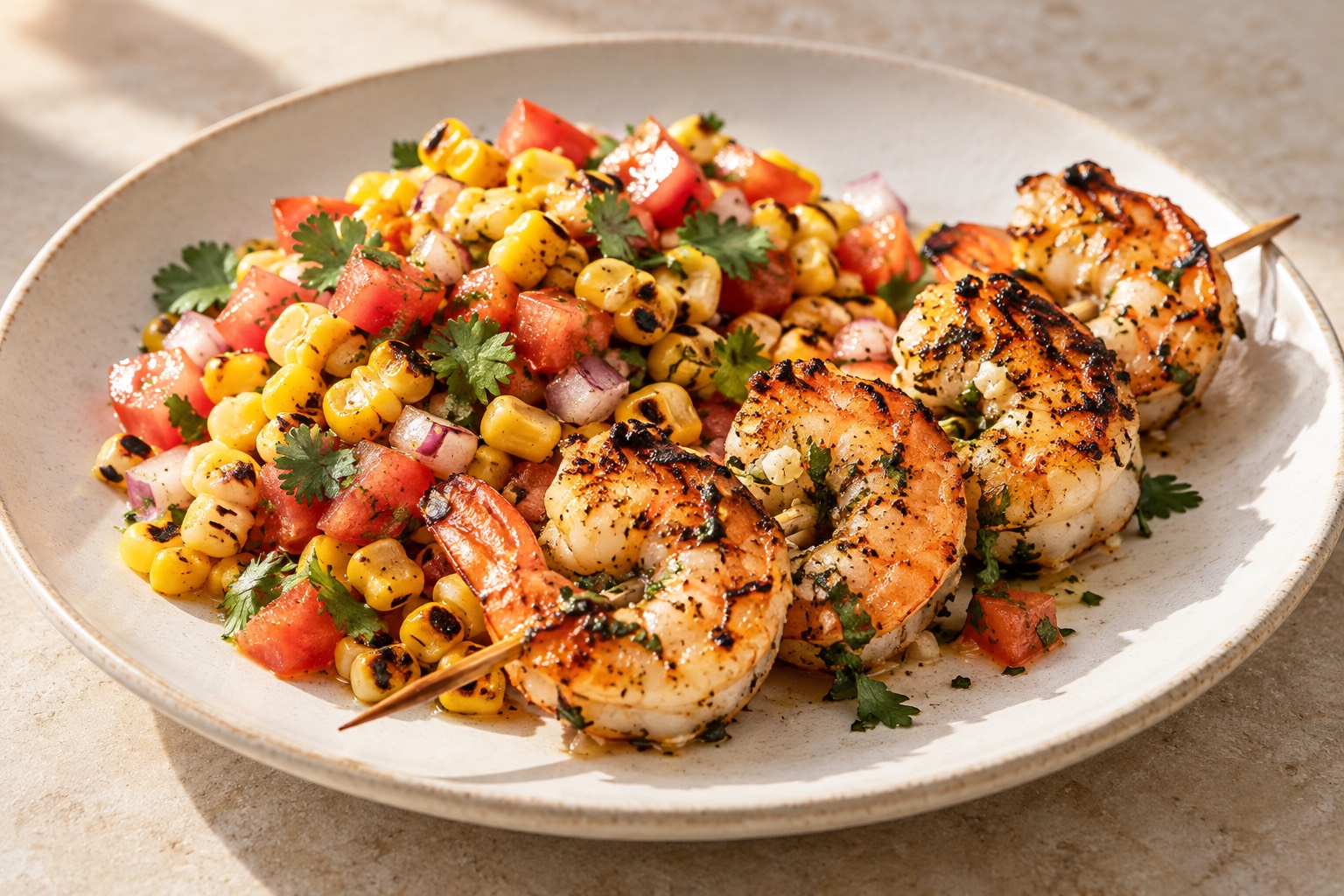 Serving suggestion for Grilled Garlic Lime Shrimp with Corn Salad