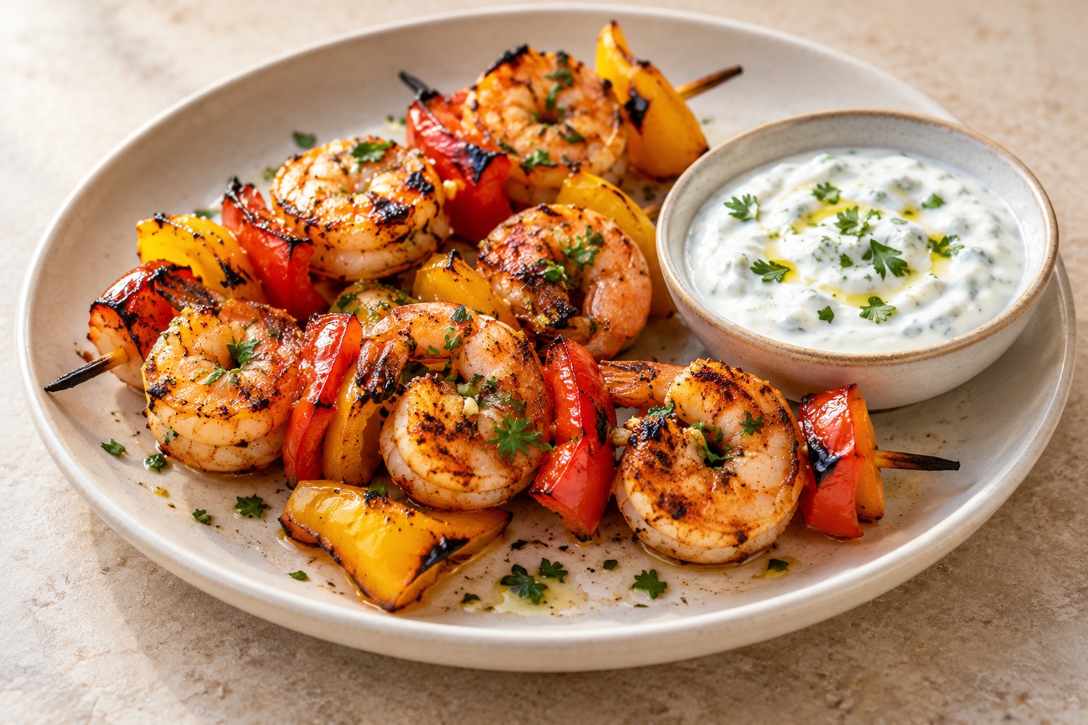 Serving suggestion for Grilled Paprika Shrimp and Pepper Skewers