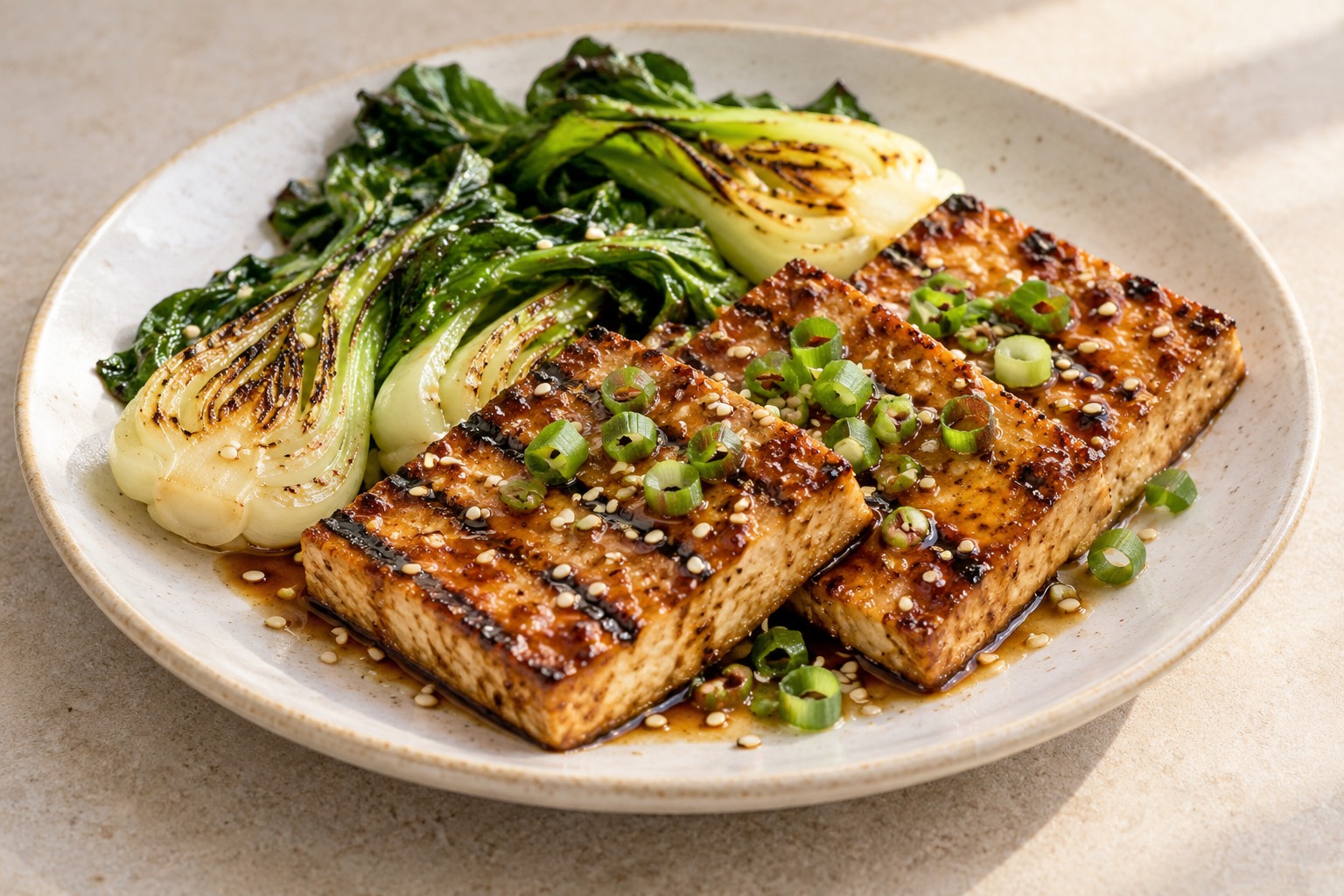 Serving suggestion for Grilled Sesame Tofu with Bok Choy