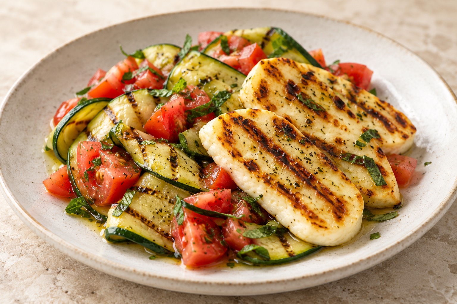 Serving suggestion for Grilled Halloumi with Zucchini and Tomato Salad