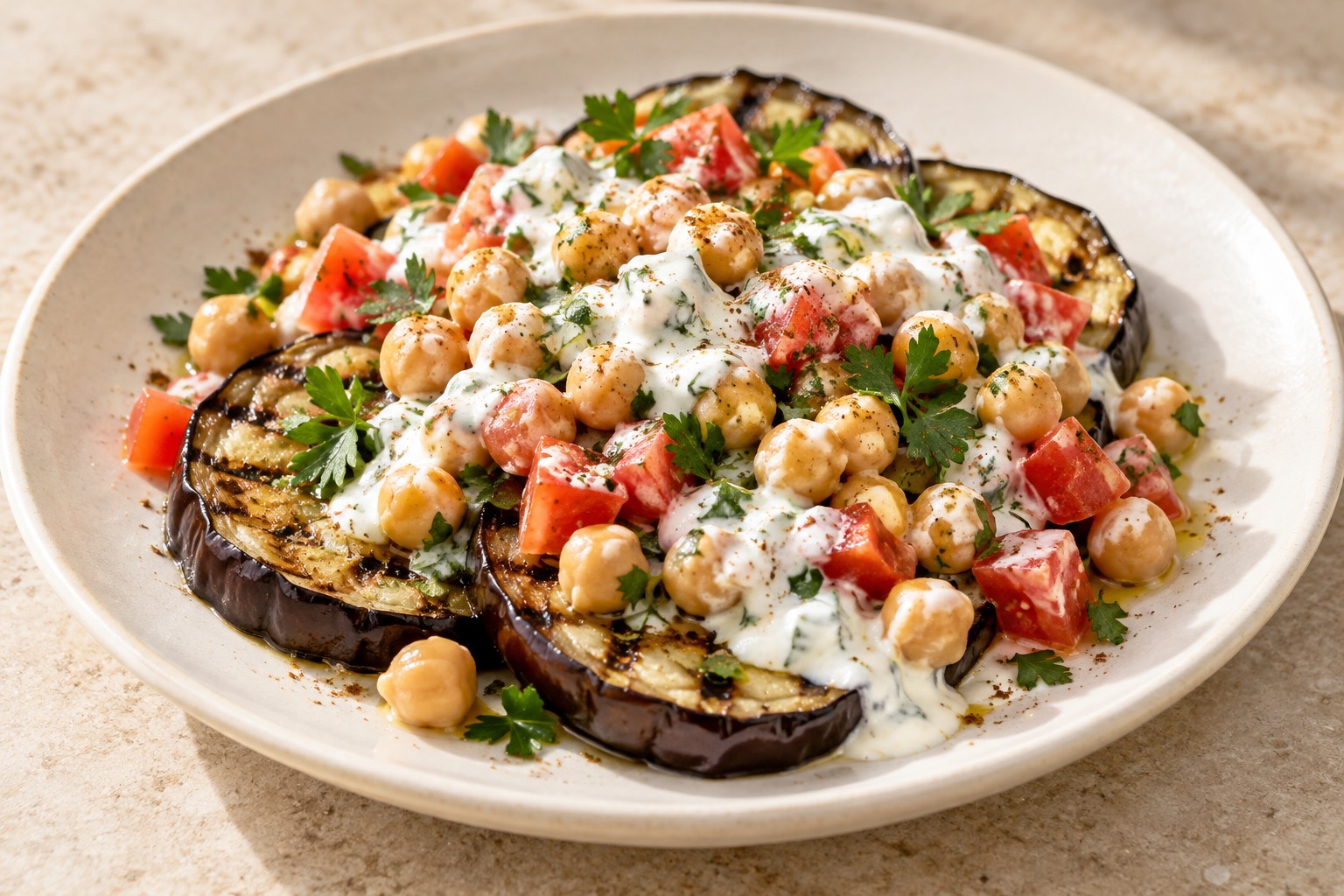 Serving suggestion for Grilled Eggplant with Chickpea Yogurt Salad
