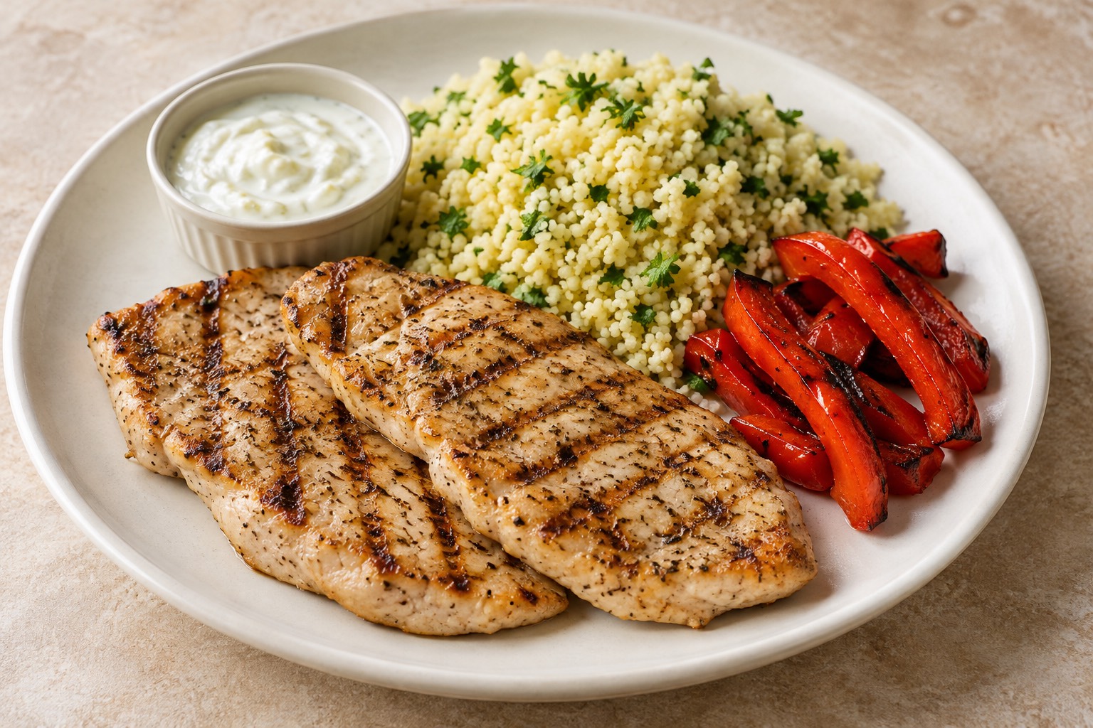 Serving suggestion for Grilled Turkey Cutlets with Lemon Herb Couscous