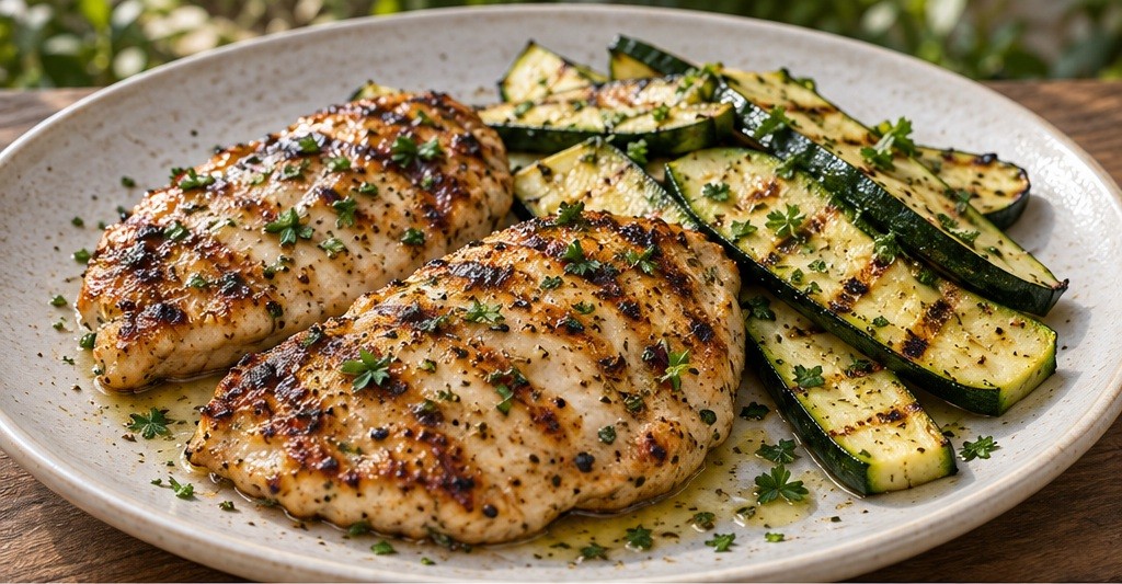 Suggestion de présentation : Poulet grillé au citron et à l’origan, avec courgettes
