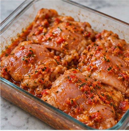 Coat unfolded raw chicken thighs in marinade