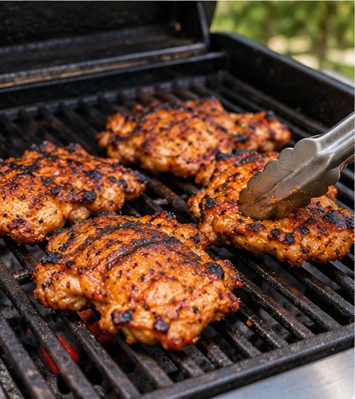 Turn browned chicken thighs on a two-zone grill
