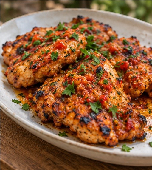 Rest the cooked thighs and spoon over clean peri-peri sauce.
