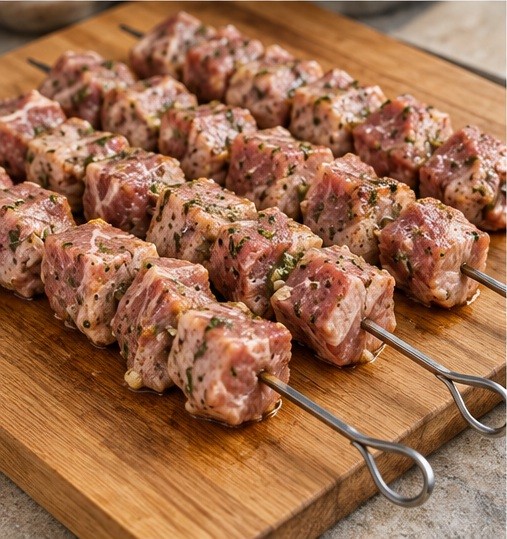 Thread pork cubes on metal skewers