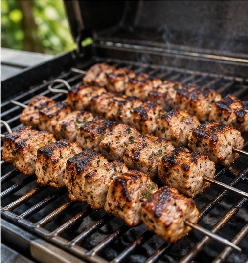 Grill browned pork souvlaki skewers