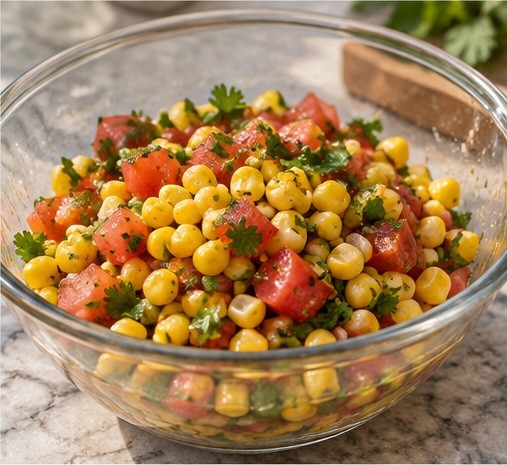 Misture milho cozido, tomate e salada de coentro.