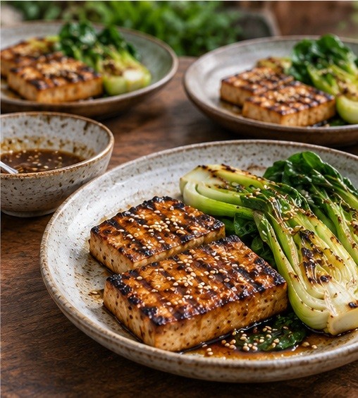 Teller mit Tofu und verkohltem Pak Choi mit Sesam