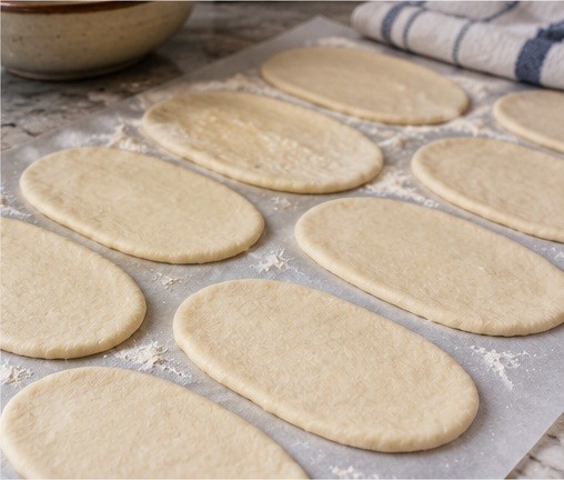 Shape the rested pieces into thin rounds or ovals