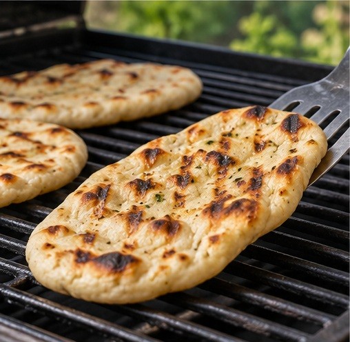 Turn puffed flatbread on grill