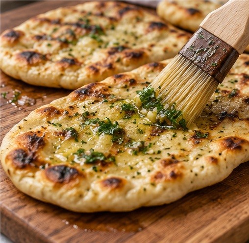 Brush cooked bread with garlic parsley oil
