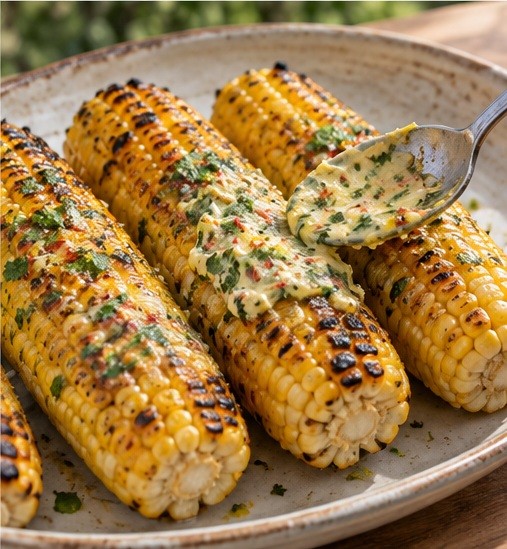 Spread butter on charred cooked corn