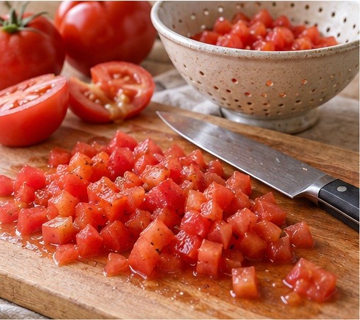 Dice ripe tomatoes into even pieces