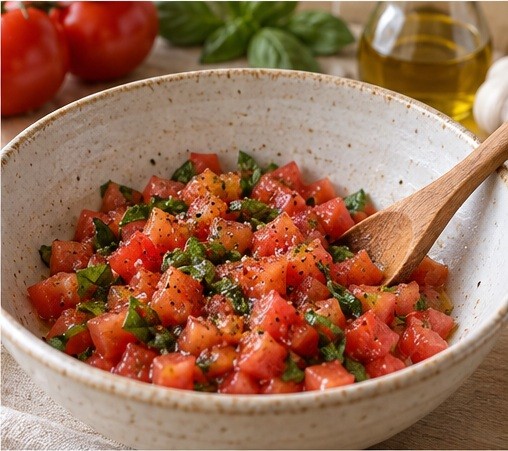 Mix tomatoes with oil and torn basil