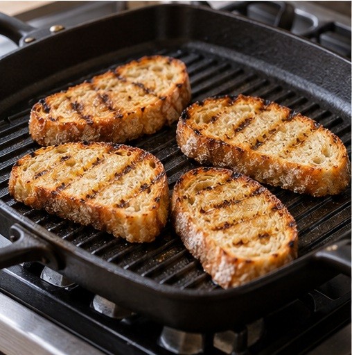 Toast bread on a ridged grill pan