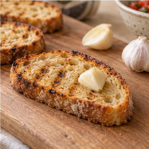 Rub hot toast lightly with cut garlic
