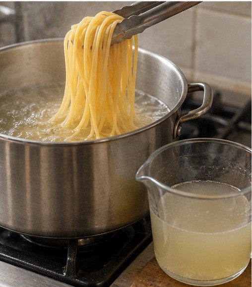 Lift pasta while reserving cooking water