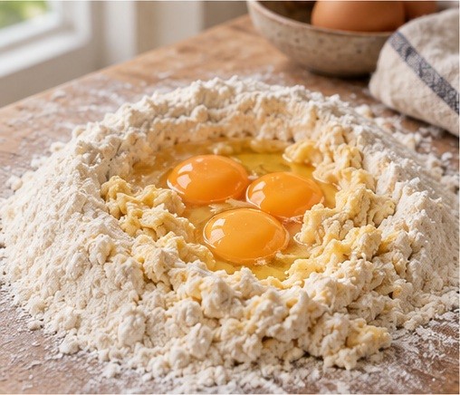 Bring eggs and flour into a shaggy dough