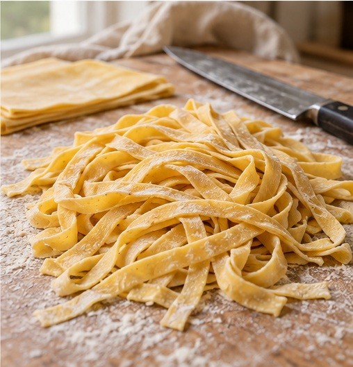 Cut sheets into even tagliatelle ribbons