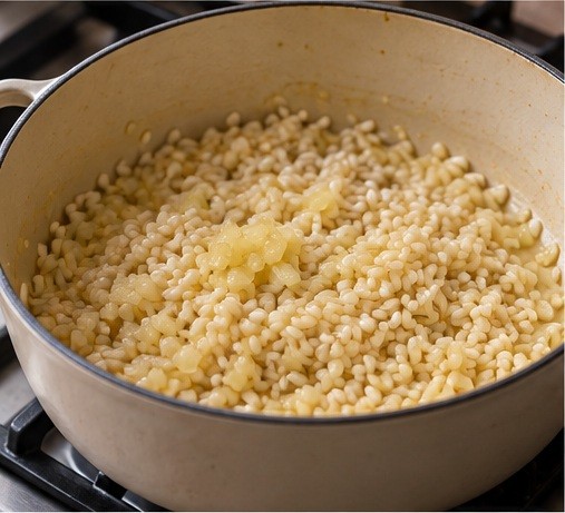 Toast rice with softened onion