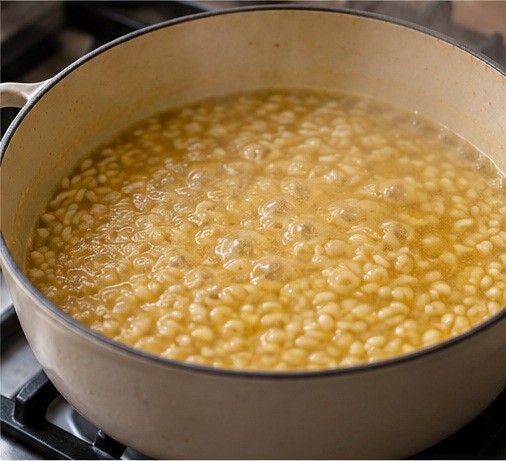 Add hot stock to the gently simmering rice