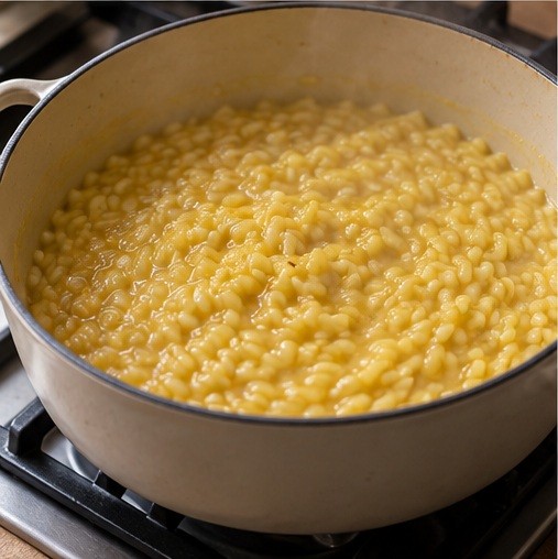 Stir while rice absorbs stock