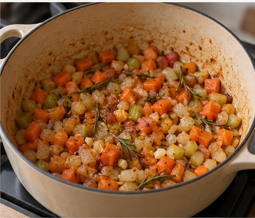 Gewürfeltes aromatisches Gemüse weich machen