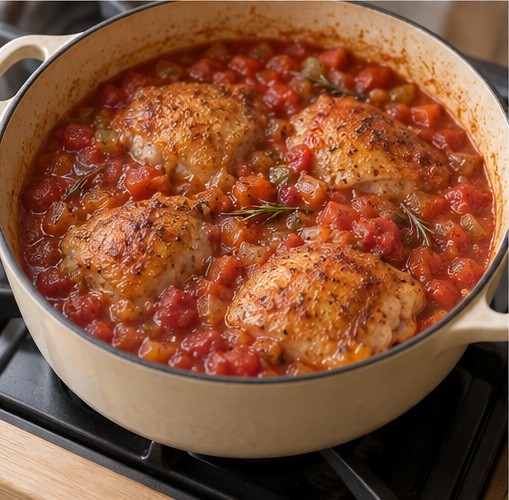 Hähnchen wieder in Tomaten-Kräuter-Sauce geben