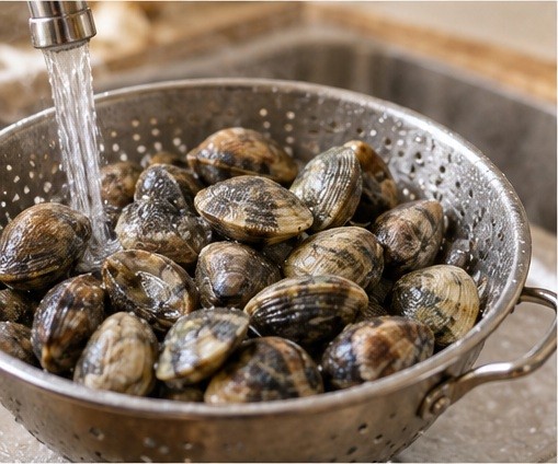 Scrub and inspect closed clam shells