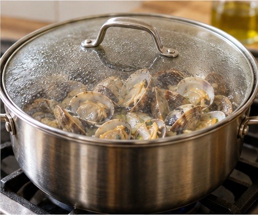 Open clams in a covered pot