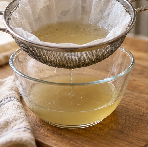 Filter clam liquor through a lined sieve