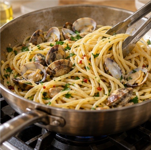Toss spaghetti with clean clam liquor
