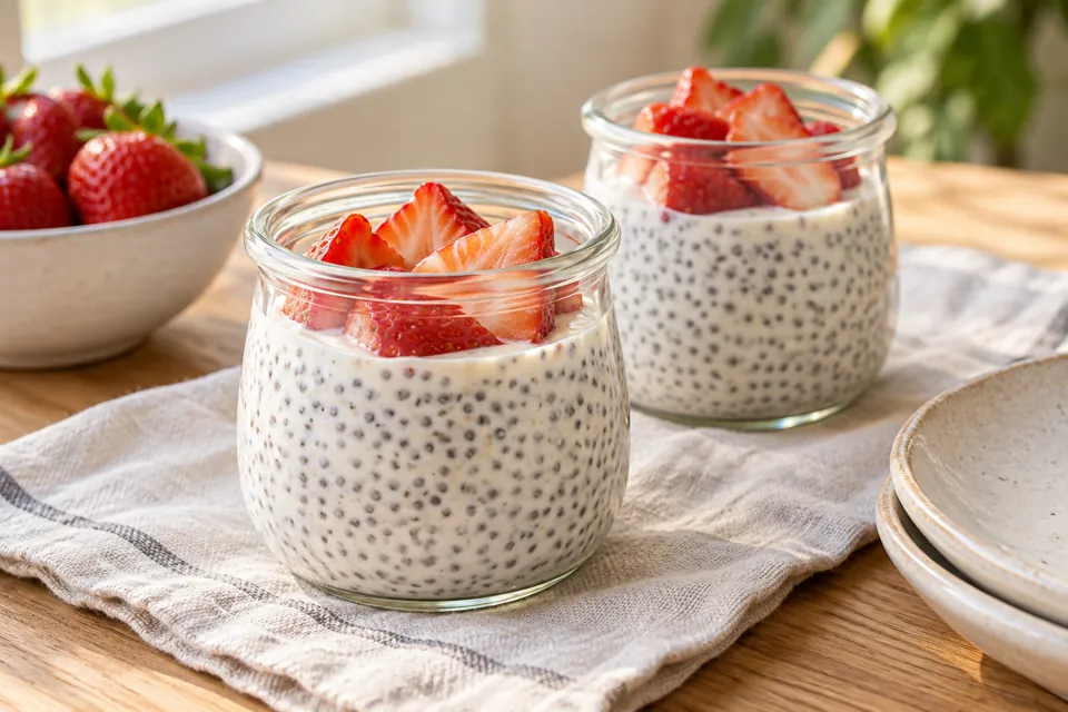 Serving suggestion for Vanilla Chia Pudding with Greek Yogurt