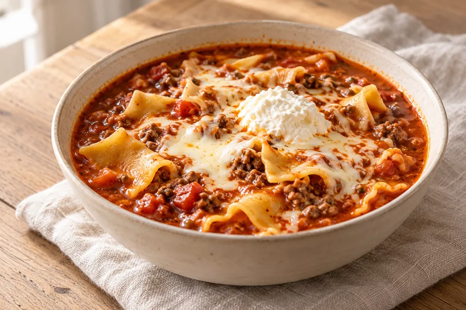 Serving suggestion for Beef Lasagna Soup with Ricotta