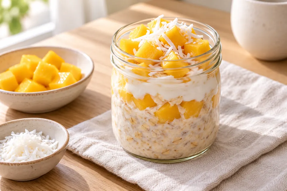 Serving suggestion for Mango Coconut Overnight Oats