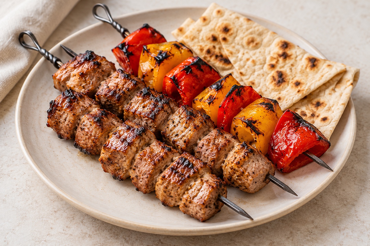 Serving suggestion for Armenian Pork Khorovats with Grilled Peppers