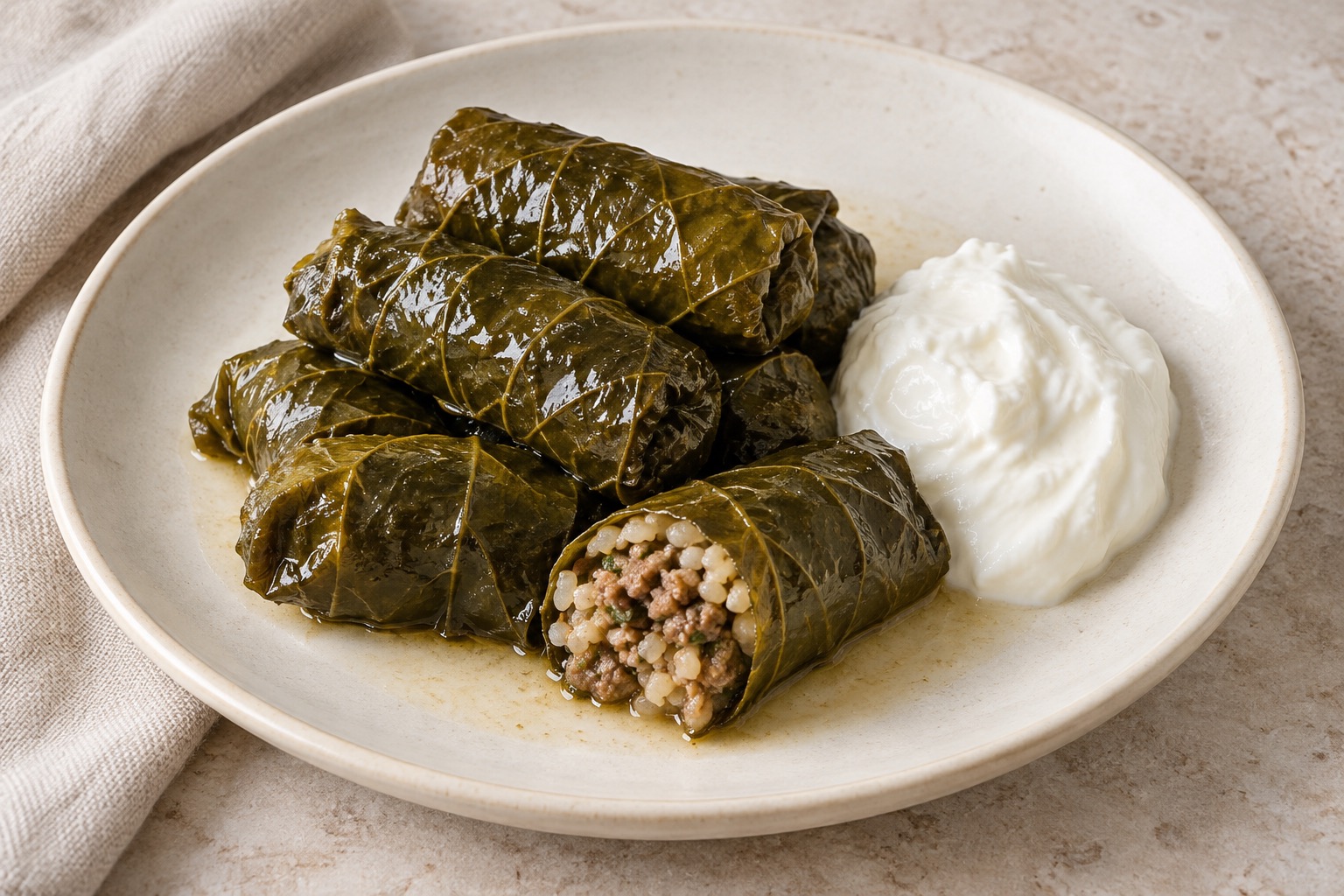 Serving suggestion for Armenian Beef and Rice Grape-Leaf Tolma